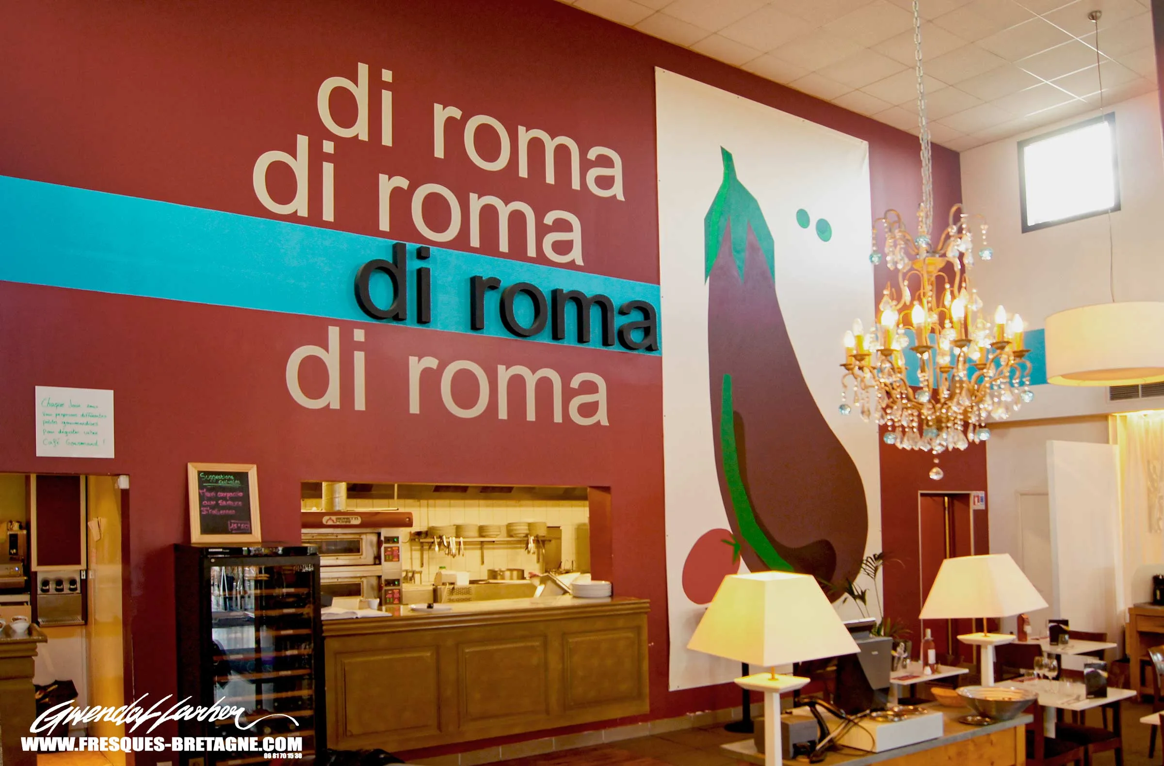 Fresque murale monumentale en aplats contemporains, décoration intérieure de la pizzeria Di Roma à Brest